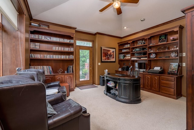 17 Oriole Pl, North Mankato, MN 56003 - home office featuring a ceiling fan, carpet, crown molding, and lofted ceiling