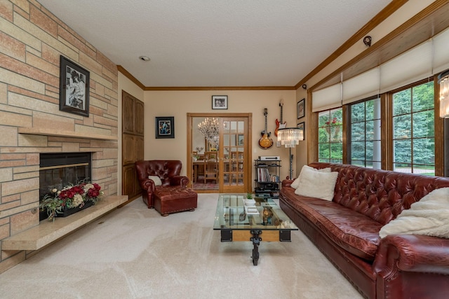 17 Oriole Pl, North Mankato, MN 56003 - carpeted living room with ornamental molding, a fireplace, and a textured ceiling