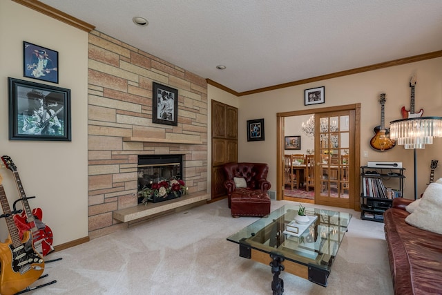 17 Oriole Pl, North Mankato, MN 56003 - living area featuring carpet floors, crown molding, a stone fireplace, baseboards, and a textured ceiling