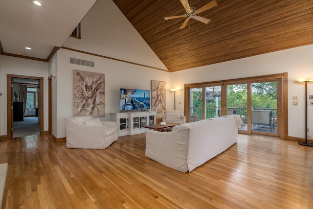 17 Oriole Pl, North Mankato, MN 56003 - living room with healthy amount of natural light, baseboards, light wood-style floors, ceiling fan, and high vaulted ceiling