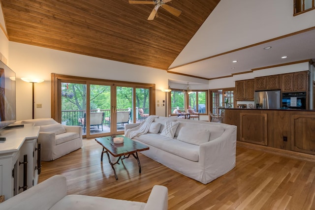 17 Oriole Pl, North Mankato, MN 56003 - living room featuring recessed lighting, high vaulted ceiling, light wood finished floors, wood ceiling, and ceiling fan