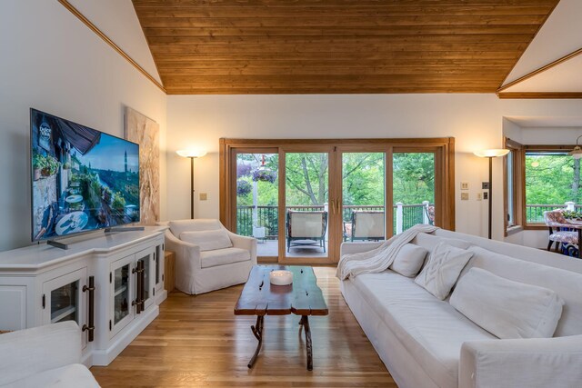 17 Oriole Pl, North Mankato, MN 56003 - living area with wood ceiling, wood finished floors, and high vaulted ceiling