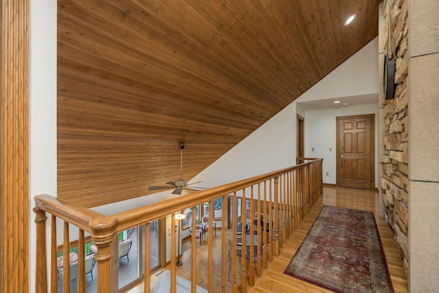 17 Oriole Pl, North Mankato, MN 56003 - hallway with wood ceiling, high vaulted ceiling, an upstairs landing, wood finished floors, and recessed lighting