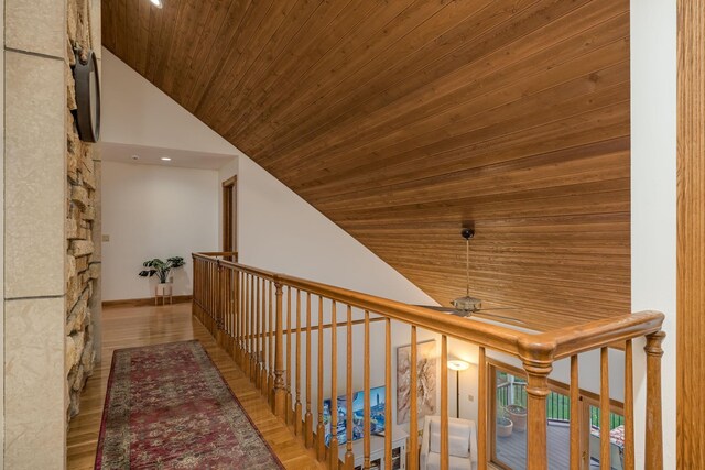 17 Oriole Pl, North Mankato, MN 56003 - corridor with high vaulted ceiling, wood ceiling, wood finished floors, and recessed lighting