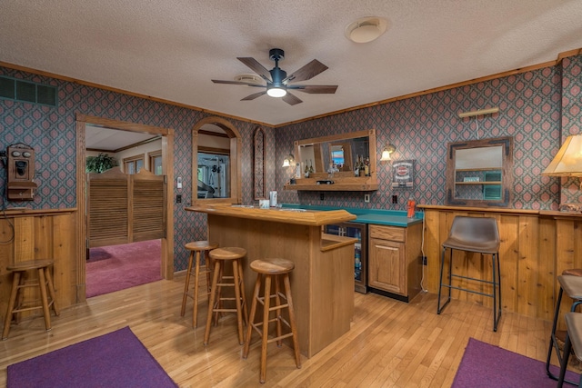 17 Oriole Pl, North Mankato, MN 56003 - indoor bar featuring crown molding, light wood-style floors, a textured ceiling, a ceiling fan, and wainscoting