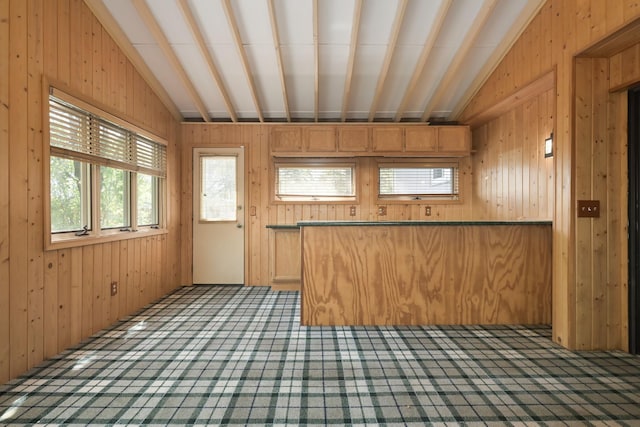 1158 Rockstone Ln, New Brighton, MN 55112 - kitchen featuring carpet floors, wood walls, and vaulted ceiling