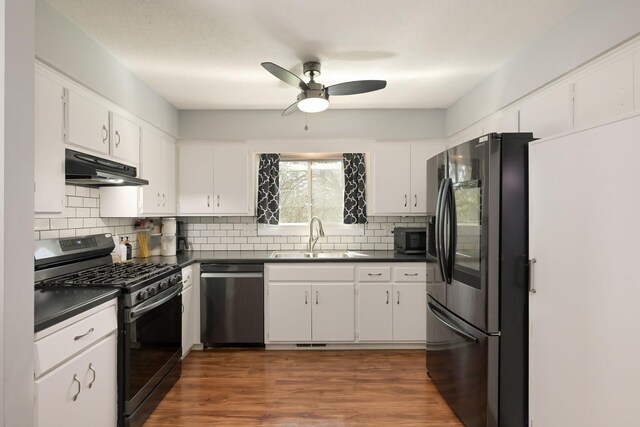 1158 Rockstone Ln, New Brighton, MN 55112 - kitchen with stainless steel appliances, under cabinet range hood, a sink, dark countertops, and ceiling fan