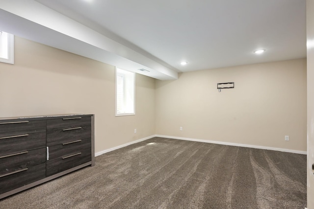 1158 Rockstone Ln, New Brighton, MN 55112 - below grade area featuring baseboards, dark colored carpet, and recessed lighting