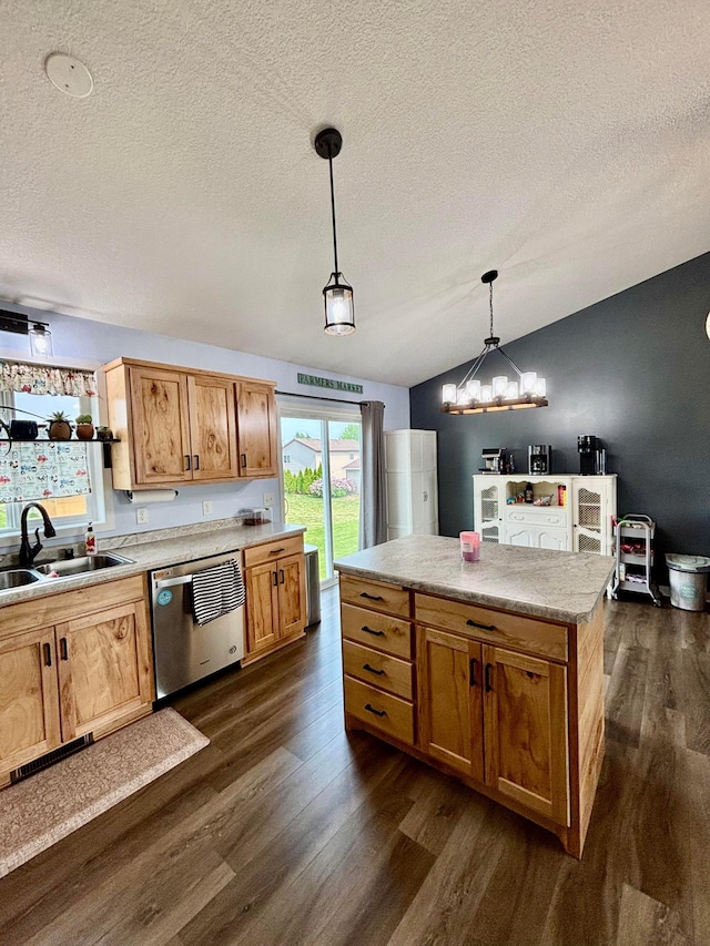 1020 7th Ave NW, Rice, MN 56367 - kitchen featuring dishwasher, dark wood-style floors, a textured ceiling, a sink, and lofted ceiling