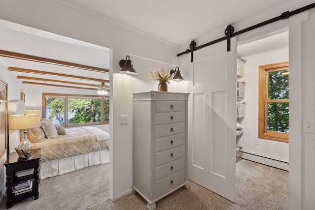 1811 Pulaski Rd, Buffalo, MN 55313 - carpeted bedroom featuring a baseboard radiator, a barn door, multiple windows, and ornamental molding