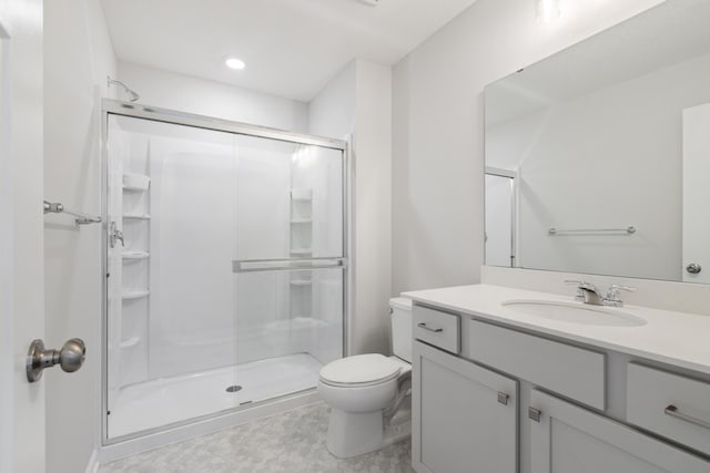 6687 Bluestem Way, Minnetrista, MN 55331 - full bathroom with toilet, vanity, a shower stall, and recessed lighting