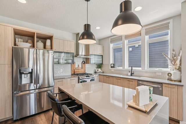 16149 Duvane Way, Lakeville, MN 55044 - kitchen featuring stainless steel appliances, modern cabinets, light brown cabinets, a sink, and backsplash