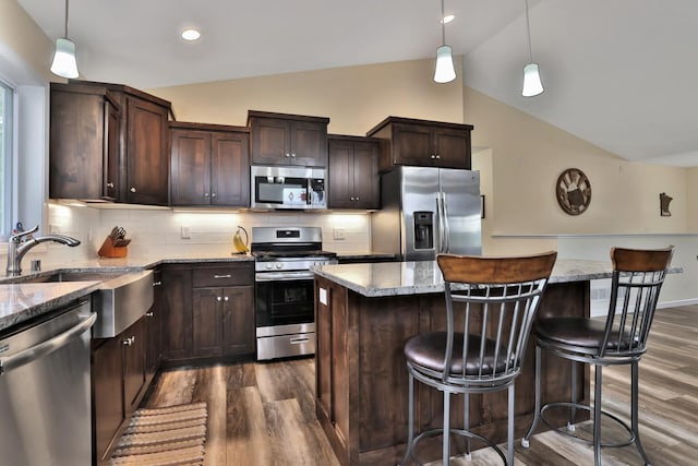 1217 Blossom Blvd NW, Isanti, MN 55040 - kitchen featuring appliances with stainless steel finishes, dark wood-style flooring, lofted ceiling, dark brown cabinets, and a kitchen bar