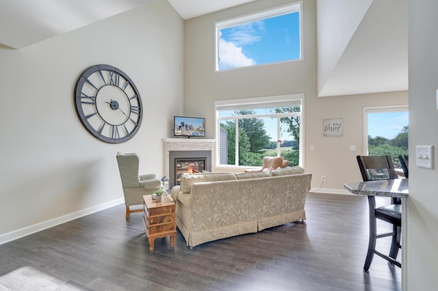 14246 Wilds Dr NW, Prior Lake, MN 55372 - living room with dark wood-style flooring, a glass covered fireplace, and a towering ceiling