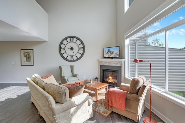 14246 Wilds Dr NW, Prior Lake, MN 55372 - living room featuring dark wood finished floors, a glass covered fireplace, a high ceiling, and healthy amount of natural light