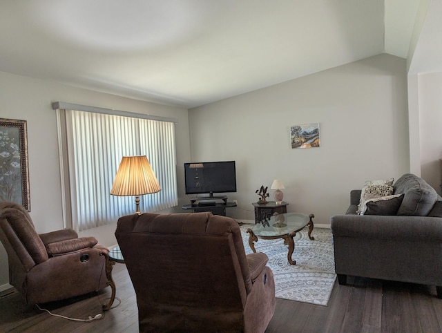 702 Hills Ln, Albert Lea, MN 56007 - living area featuring dark wood-style floors, lofted ceiling, and baseboards