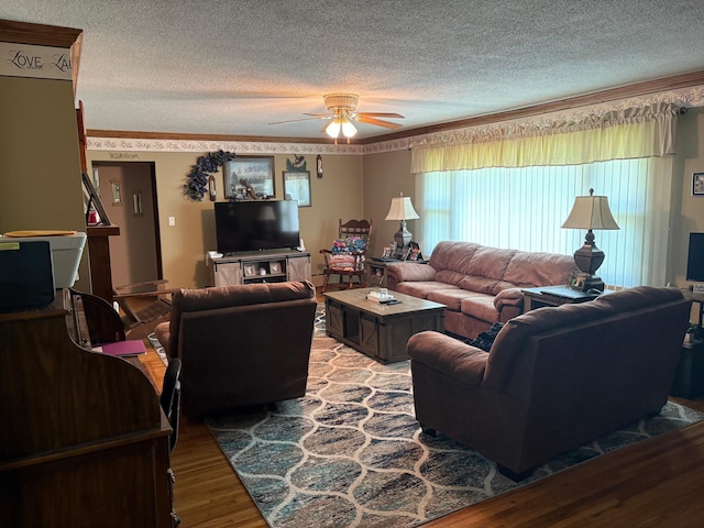 505 Lindquist St W, Onamia, MN 56359 - living area with a textured ceiling, wood finished floors, and ceiling fan