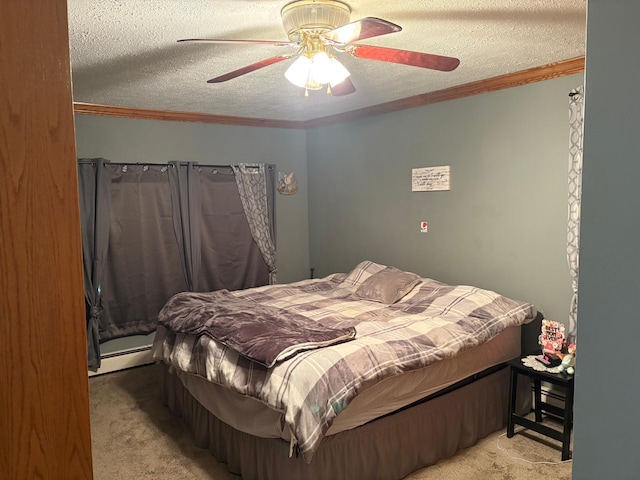 505 Lindquist St W, Onamia, MN 56359 - carpeted bedroom featuring a textured ceiling, ornamental molding, a baseboard radiator, and ceiling fan