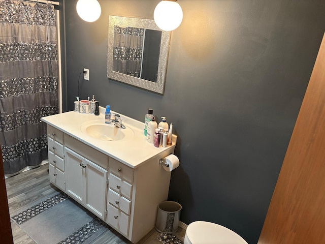 505 Lindquist St W, Onamia, MN 56359 - bathroom with vanity, toilet, wood finished floors, and a shower with curtain