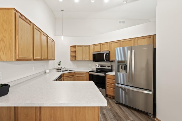 13408 Ximines Ln N, Champlin, MN 55316 - kitchen featuring stainless steel appliances, open shelves, light countertops, dark wood-type flooring, and a peninsula