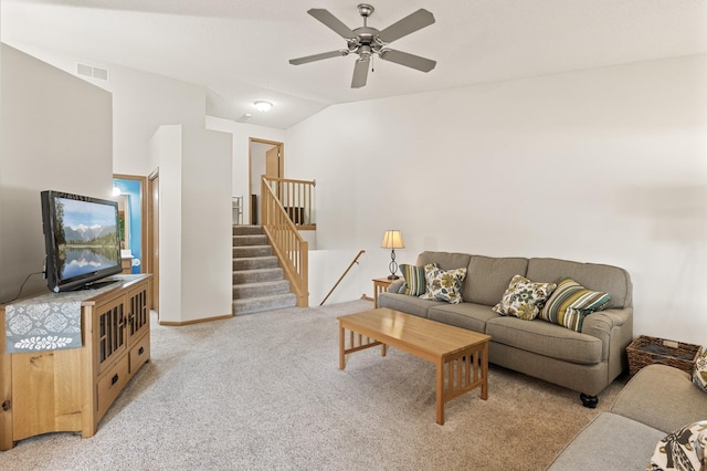 13408 Ximines Ln N, Champlin, MN 55316 - living area with light colored carpet, ceiling fan, stairway, and lofted ceiling