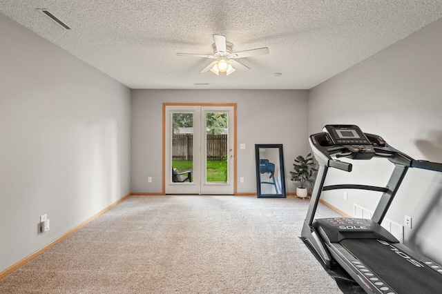 13408 Ximines Ln N, Champlin, MN 55316 - exercise area featuring a ceiling fan, carpet floors, and a textured ceiling