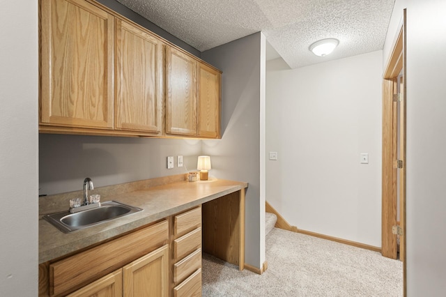 13408 Ximines Ln N, Champlin, MN 55316 - kitchen with light brown cabinetry, a textured ceiling, light carpet, and light countertops
