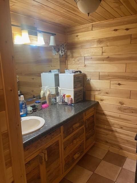 806 Central Ave N, Park Rapids, MN 56470 - bathroom featuring wood ceiling, wooden walls, vanity, and tile patterned floors