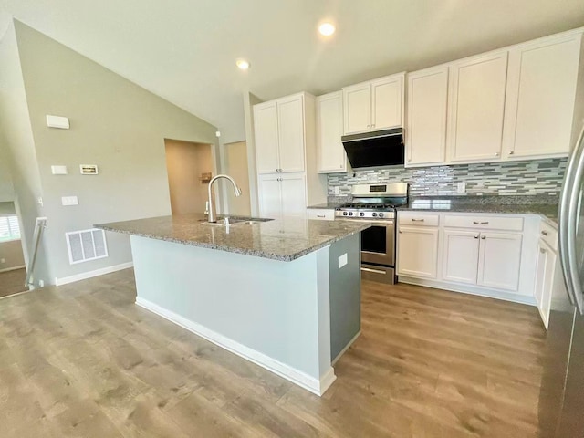 8521 Titanium Cir, Woodbury, MN 55129 - kitchen featuring appliances with stainless steel finishes, a sink, exhaust hood, decorative backsplash, and light wood-type flooring