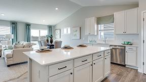 8863 Jorgensen Ave S, Cottage Grove, MN 55016 - kitchen with stainless steel dishwasher, open floor plan, lofted ceiling, light countertops, and a center island