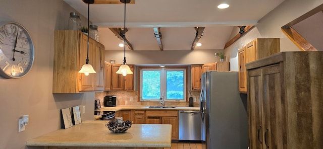 526 Mound St, Owatonna, MN 55060 - kitchen featuring stainless steel appliances, decorative backsplash, a peninsula, beam ceiling, and hanging light fixtures