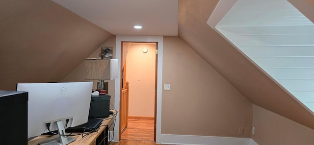 526 Mound St, Owatonna, MN 55060 - additional living space featuring light wood finished floors, lofted ceiling, recessed lighting, and an office area