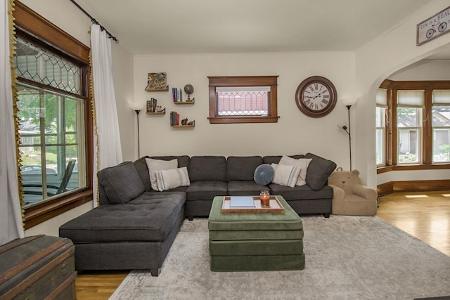 1023 Avon St N, Saint Paul, MN 55103 - living room featuring wood finished floors and arched walkways