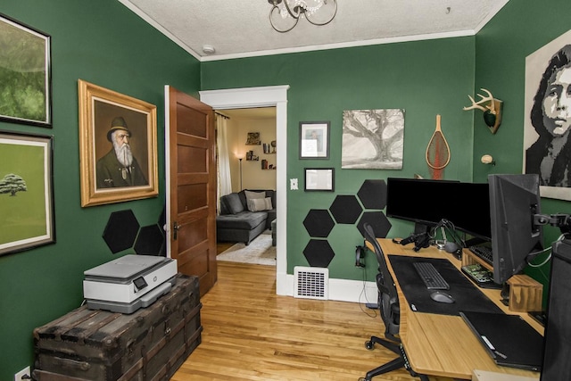 1023 Avon St N, Saint Paul, MN 55103 - office space with wood finished floors, ornamental molding, a chandelier, and a textured ceiling