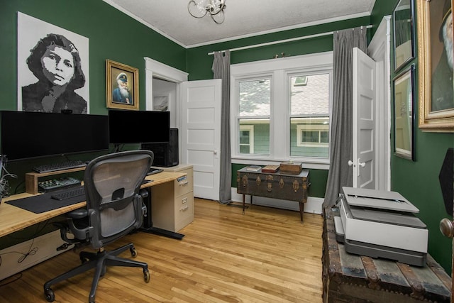 1023 Avon St N, Saint Paul, MN 55103 - office area featuring light wood-style flooring, crown molding, and a chandelier
