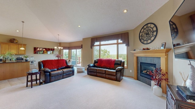 4374 Shetland Pl NW, Rochester, MN 55901 - living area with a chandelier, light carpet, a fireplace, recessed lighting, and lofted ceiling