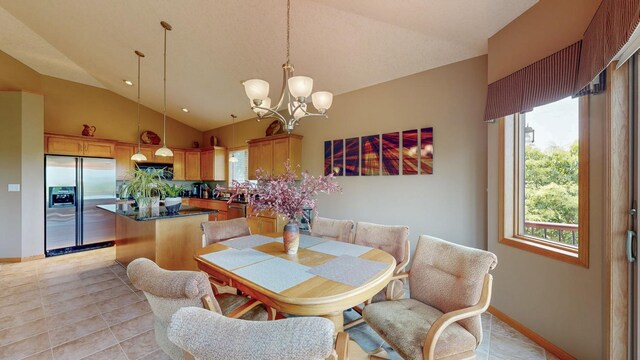 4374 Shetland Pl NW, Rochester, MN 55901 - dining room with vaulted ceiling, a chandelier, light tile patterned floors, and baseboards
