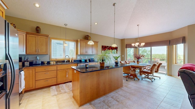 4374 Shetland Pl NW, Rochester, MN 55901 - kitchen featuring stainless steel refrigerator with ice dispenser, a sink, a kitchen island, a chandelier, and recessed lighting