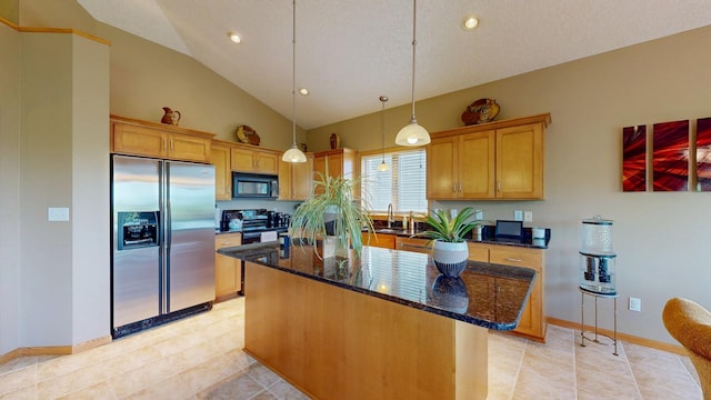 4374 Shetland Pl NW, Rochester, MN 55901 - kitchen with black appliances, vaulted ceiling, light tile patterned flooring, a center island, and pendant lighting