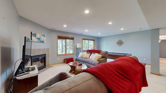 4374 Shetland Pl NW, Rochester, MN 55901 - living area featuring light carpet, baseboards, recessed lighting, a tile fireplace, and billiards table