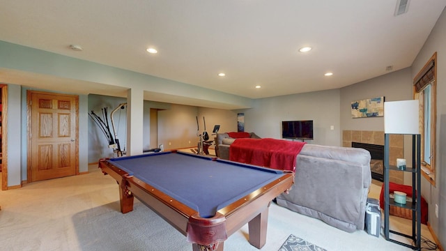 4374 Shetland Pl NW, Rochester, MN 55901 - playroom with light carpet, recessed lighting, a fireplace, billiards, and baseboards