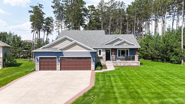 155 Juno Ct, Watab Twp, MN 56367 - craftsman-style home featuring a front lawn, covered porch, concrete driveway, stone siding, and a garage