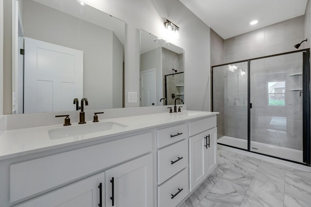 15354 112th Ave N, Dayton, MN 55369 - full bathroom featuring double vanity, a stall shower, and marble finish flooring