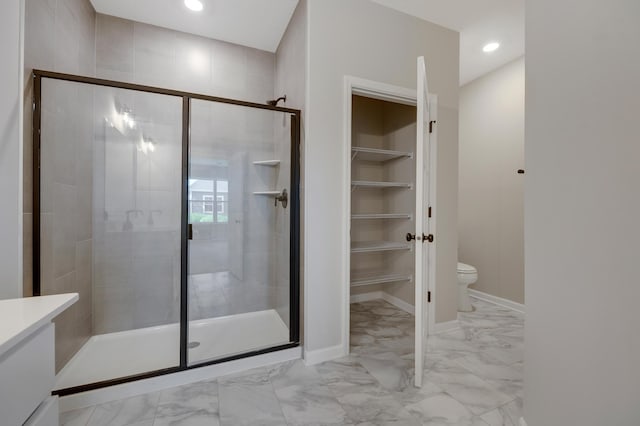 15354 112th Ave N, Dayton, MN 55369 - full bathroom featuring a stall shower, toilet, marble finish flooring, baseboards, and recessed lighting