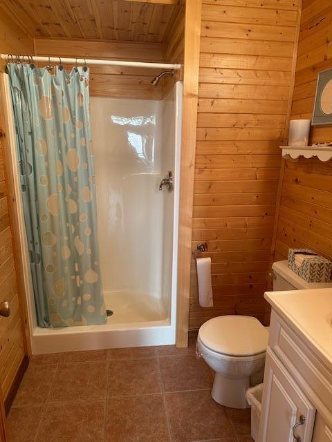 19373 Ethel Beach Rd NE, Kelliher, MN 56650 - bathroom with wood walls, toilet, vanity, tile patterned flooring, and a stall shower