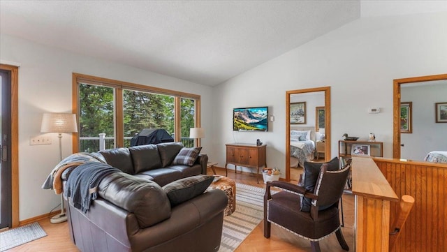 13956 Hardy Lake Rd, Pillager, MN 56473 - living room with vaulted ceiling, light wood-type flooring, and baseboards