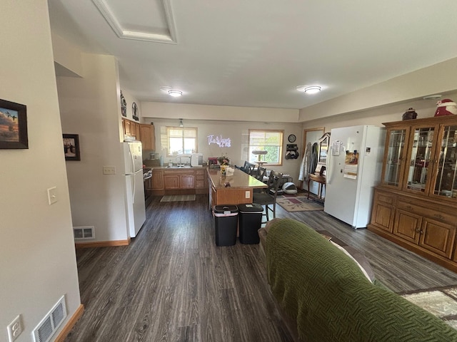 420 14th St, Brainerd, MN 56401 - kitchen featuring freestanding refrigerator, dark wood-style flooring, and a peninsula