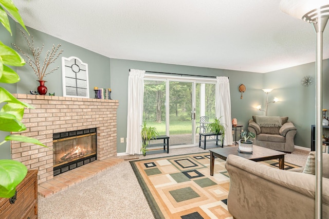 12233 191st Ave NW, Elk River, MN 55330 - carpeted living room featuring a brick fireplace, a textured ceiling, and baseboards
