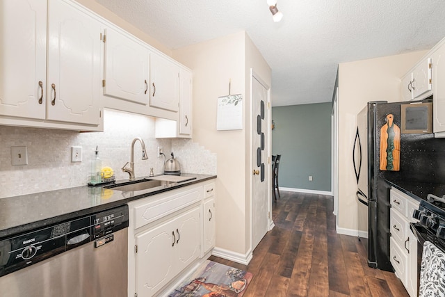 12233 191st Ave NW, Elk River, MN 55330 - kitchen with stainless steel dishwasher, a sink, dark countertops, black gas range, and tasteful backsplash