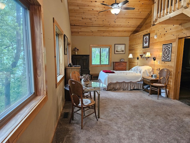 37791 Mallard Loop, Edna Twp, MN 56573 - bedroom featuring carpet flooring, wood walls, wood ceiling, and high vaulted ceiling